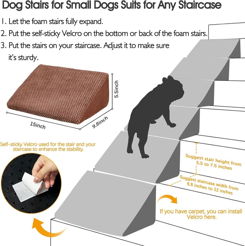 INRLKIT 40D Density Foam Dog Ramp for Stairs Suits for Small Dogs Cats, Pet Steps Stairs for Staircase Stairs with Anti-Slip Bottom and Self-Sticky Pads to Fix(6Pack, Reddish Brown) - Image 3